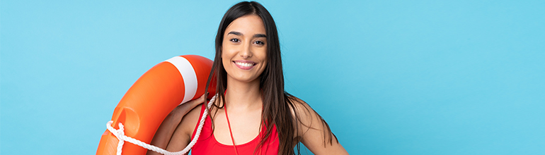 woman lifeguard on blue background