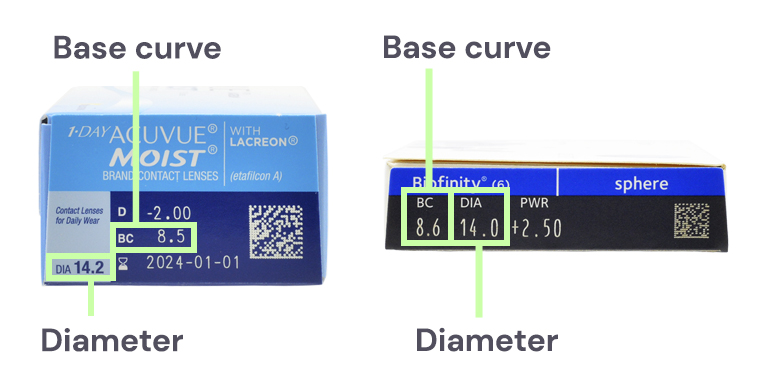 lens boxes with base curve and diameter highlighted