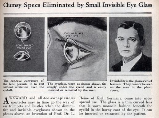 Old newspaper on glass contact lenses