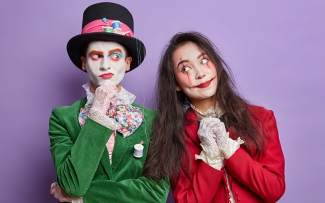 Halloween couple wearing coloured contact lenses