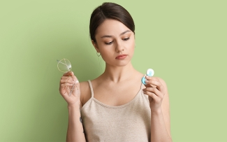 woman holding lenses and glasses making a decision