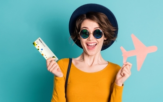 woman with lens box and airplane cut out