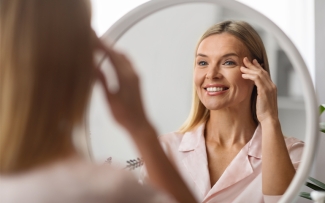 woman looking at eyes in mirror age