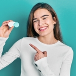 girl holding and pointing at a contact lens case